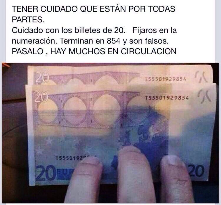 Imagen de un billete de 20€ falso en el Portal del Elefante Azul de Avilés